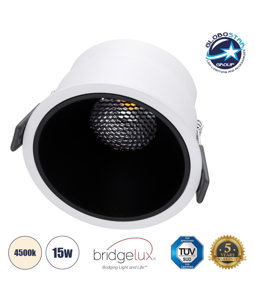 GLOBOSTAR® PLUTO-B 60258 Χωνευτό Downlight Σποτ με Honeycomb Anti Glare Reflector LED 15W 1950lm 38° AC 220-240V IP20 Φυσικό Λευκό 4500K - Bridgelux COB Chip & TÜV SÜD Driver - Λευκό & Μαύρο Ματ - Μ10.4 x Π10.4 x Υ6.5cm - Q9.5cm - 5 Χρόνια Εγγύηση